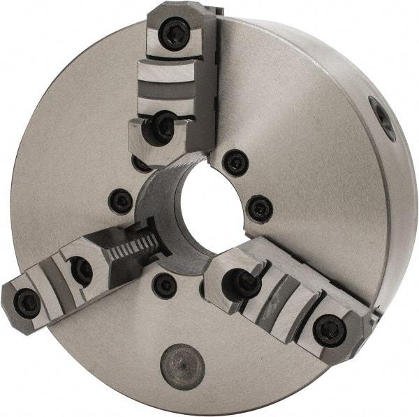 Interstate - 3 Jaws, 10" Diam, Self Centering Manual Lathe Chuck - D1-6 Mount Spindle, Reversible, 2.7559" Through Hole Diam, Cast Iron - Americas Industrial Supply
