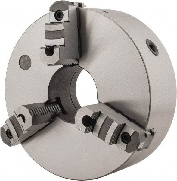 Interstate - 3 Jaws, 12" Diam, Self Centering Manual Lathe Chuck - D1-8 Mount Spindle, Reversible, 3-15/16" Through Hole Diam, Cast Iron - Americas Industrial Supply