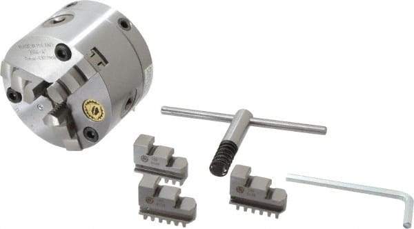 Bison - 3 Jaws, 4" Diam, Self Centering Manual Lathe Chuck - Adjustable, 0.787" Through Hole Diam, Forged Steel - Americas Industrial Supply