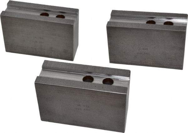 H & R Manufacturing - 12" Chuck Capacity, 1.5mm x 60° Serrated Attachment, Square Soft Lathe Chuck Jaw - 3 Jaws, Steel, 1.181" Btw Mount Hole Ctrs, 5-1/4" Long x 2" Wide x 3-1/2" High, 0.827" Groove, 5/8" & 16mm Fastener - Americas Industrial Supply