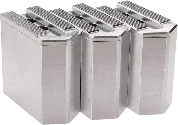 Masterman & Kovil - 6" Chuck Capacity, 1.5mm x 60° Serrated Attachment, Square Soft Lathe Chuck Jaw - 3 Jaws, Aluminum, 0.787" Btw Mount Hole Ctrs, 3mm Long x 1-1/2" Wide x 3" High, 0.473" Groove, 10mm Fastener - Americas Industrial Supply