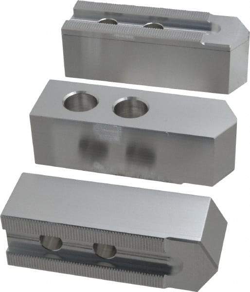 Masterman & Kovil - 10" Chuck Capacity, 1.5mm x 60° Serrated Attachment, Square Soft Lathe Chuck Jaw - 3 Jaws, Aluminum, 1.181" Btw Mount Hole Ctrs, 4.6mm Long x 1-1/2" Wide x 1-1/2" High, 0.63" Groove, 12mm Fastener - Americas Industrial Supply