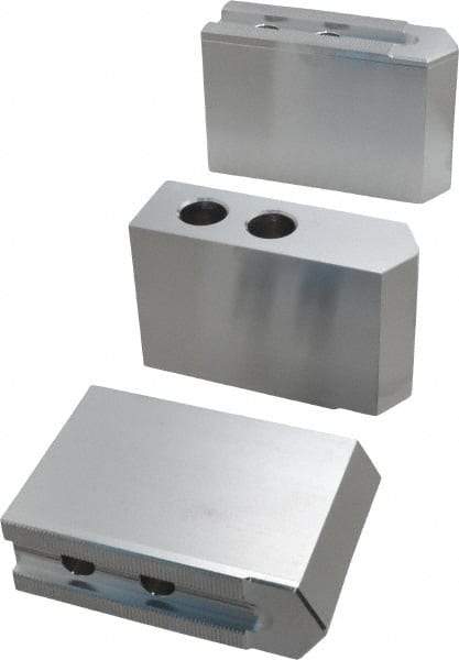 Masterman & Kovil - 10" Chuck Capacity, 1.5mm x 60° Serrated Attachment, Square Soft Lathe Chuck Jaw - 3 Jaws, Aluminum, 1.181" Btw Mount Hole Ctrs, 4.6mm Long x 1-1/2" Wide x 3" High, 0.63" Groove, 12mm Fastener - Americas Industrial Supply