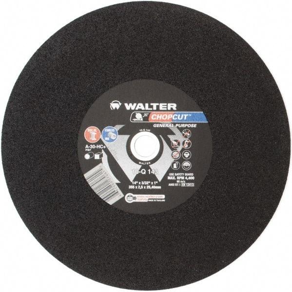 WALTER Surface Technologies - 14" 30 Grit Aluminum Oxide Cutoff Wheel - 3/32" Thick, 1" Arbor, 4,400 Max RPM, Use with Electric & Gas Powered Saws - Americas Industrial Supply