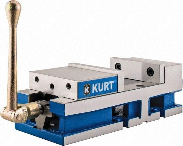 Kurt - 6" Jaw Width, 6" Jaw Opening Capacity, Horizontal Stationary Machine Vise - Manual Operation, 6,356 Lb Capacity, 1 Station, 17" Long x 4.6720" High x 1-31/64" Deep, 1.735" Jaw Height, 80 Lb Max Clamp Force - Americas Industrial Supply