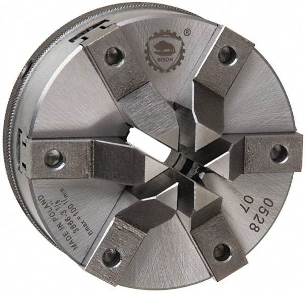 Bison - 6 Jaws, 4" Diam, Self Centering Manual Lathe Chuck - Plain Back Mount Spindle, 1,600 Max RPM, 1.2598" Through Hole Diam, 0.0006" Axial Runout, Forged Steel - Americas Industrial Supply