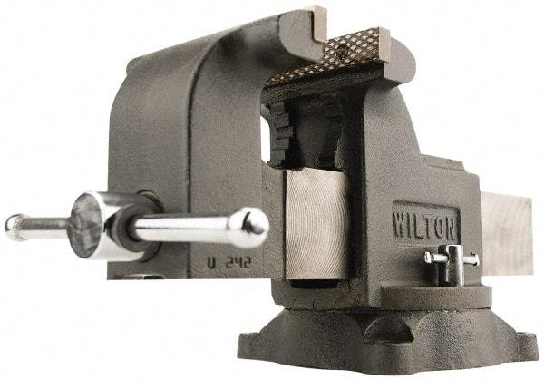 Wilton - 5" Jaw Width x 5" Jaw Opening Capacity, 3" Throat Depth, Bench & Pipe Combination Vise - 5/8 to 2-3/8" Pipe Capacity, Swivel Base, Bolt Down Attachment, Ductile Iron - Americas Industrial Supply