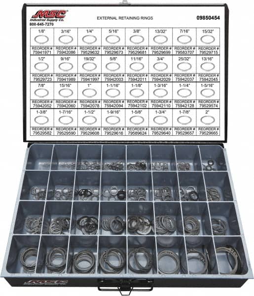 Value Collection - 665 Piece, 1/8 to 2", SpRing Assortment Steel, Snap External Retaining Ring Assortment - Includes Compartmented Case - Americas Industrial Supply