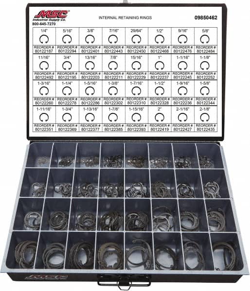 Value Collection - 640 Piece, 1/4 to 2-1/8", SpRing Assortment Steel, Snap Internal Retaining Ring Assortment - Includes Compartmented Case - Americas Industrial Supply