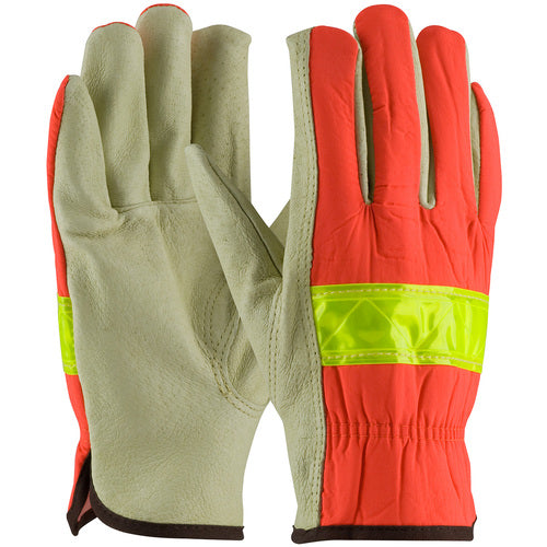 125-368/M Leather Drivers Gloves - Hi-Vis Fabric - Top Grain Pigskin Leather Driver - Keystone Thumb - Exact Industrial Supply