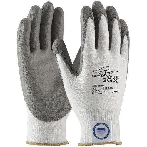 19-D322/XL Coated Gloves - Great White 3GX Dyneema Diamond - 13G White Shell - Gray PU Smooth Grip - A3 - Exact Industrial Supply