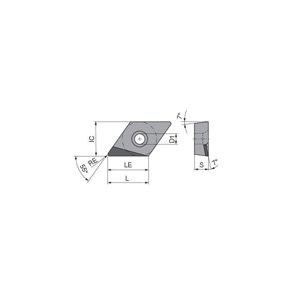 Turning Insert: DCGT32.52FR_A7 CTDPD20, Polycrystalline Diamond Uncoated Finish, Right Hand, 0.0315″ Corner Radius, 55.0 ° N/A Diamond, Series DCGT