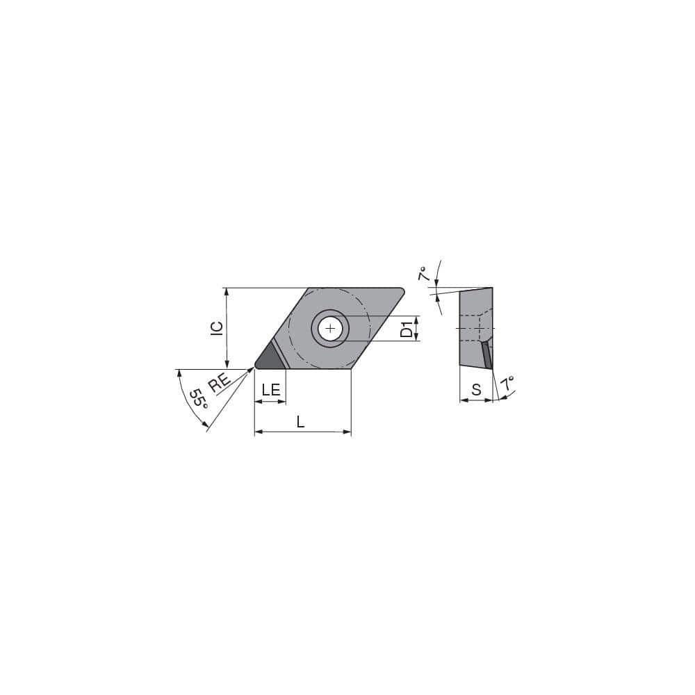 Turning Insert: DCGT3252FNA4CB1, Polycrystalline Diamond Uncoated Finish, Neutral, 0.0315″ Corner Radius, 55.0 ° N/A Diamond, Series DCGT