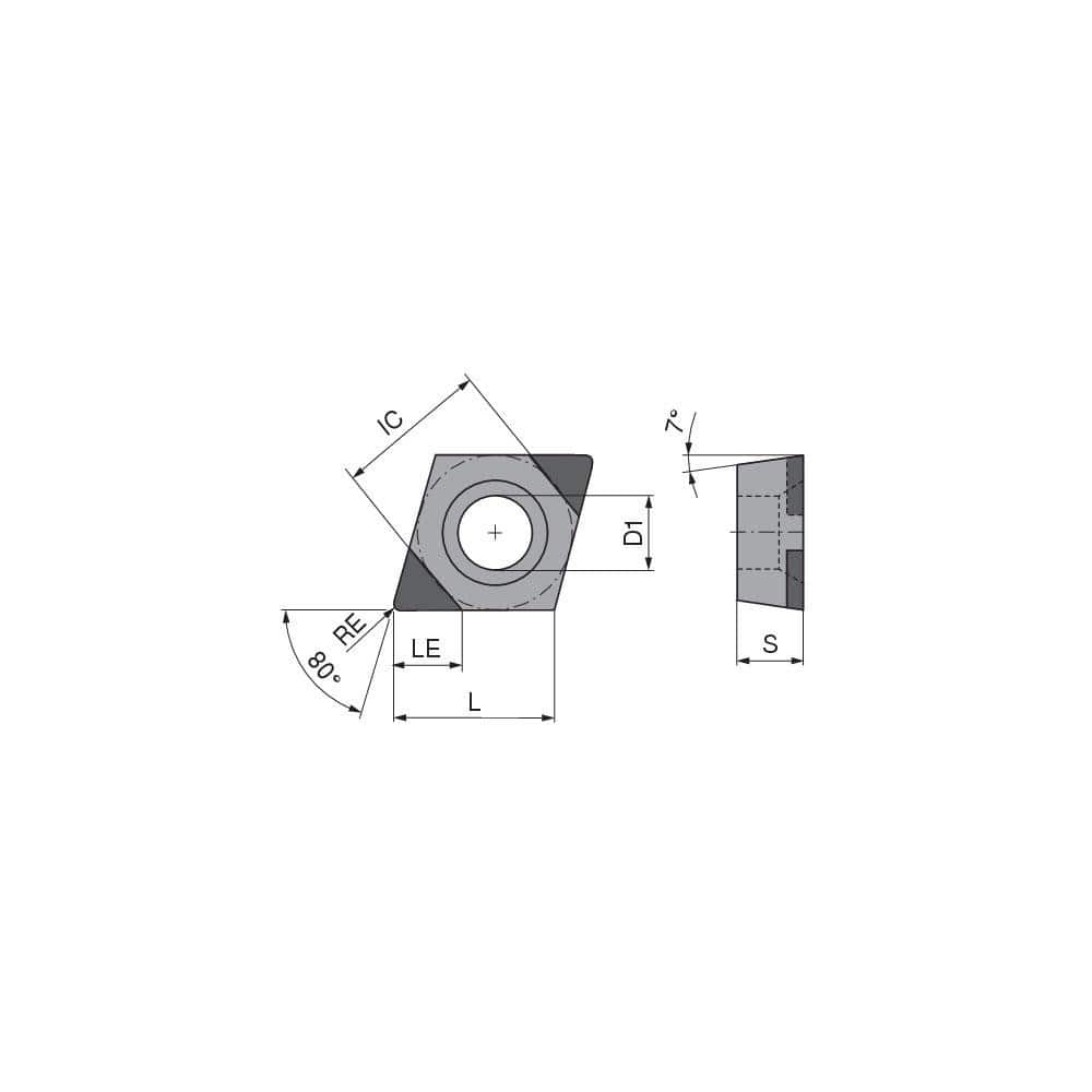 Turning Insert: CCGW2152SN011CB3, Polycrystalline Cubic Boron Nitride Uncoated Finish, Neutral, 1/4″ Inscribed Circle, 0.0315″ Corner Radius, 80.0 ° N/A Diamond, Series CCGW