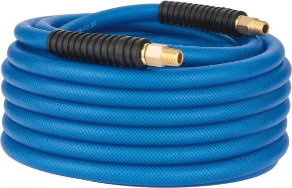 PRO-SOURCE - 3/8" ID x 0.6102" OD 50' Long Multipurpose Air Hose - MNPT(Swivel) x MNPT(Swivel) Ends, 300 Working psi, -40 to 176°F, 1/4" Fitting, Transparent Blue - Americas Industrial Supply