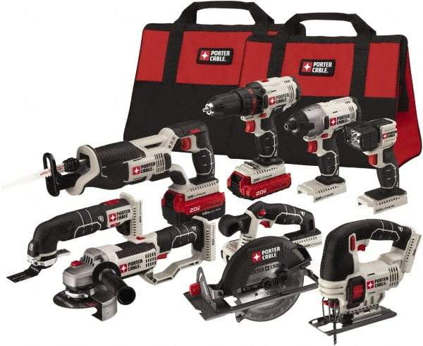 Porter-Cable - 20 Volt Cordless Tool Combination Kit - Includes 1/2" Drill/Driver, 1/4" Impact Driver, 6-1/2" Circular Saw, Reciprocating Tiger Saw, Jig Saw, Oscillating Multi-Tool, Cut-Off Tool/Grinder & Flashlight, Lithium-Ion Battery Included - Americas Industrial Supply