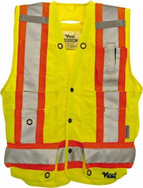 Viking - Size XL High Visibility Lime Solid Surveyor's Vest - 47" Chest, Snaps Closure, 13 Pockets, Polyester - Americas Industrial Supply