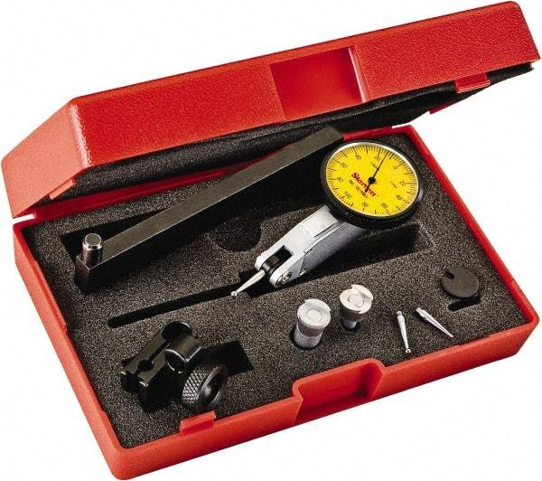 Starrett - 0.2 mm Range, 0.002 mm Dial Graduation, Horizontal Dial Test Indicator - 1-1/4 Inch Yellow Dial, 0-100-0 Dial Reading - Americas Industrial Supply