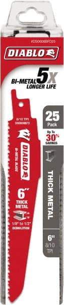 Freud - 6" Long x 1" Thick, Bi-Metal Reciprocating Saw Blade - Tapered Profile, 8 to 10 TPI, Toothed Edge, Tang Shank - Americas Industrial Supply