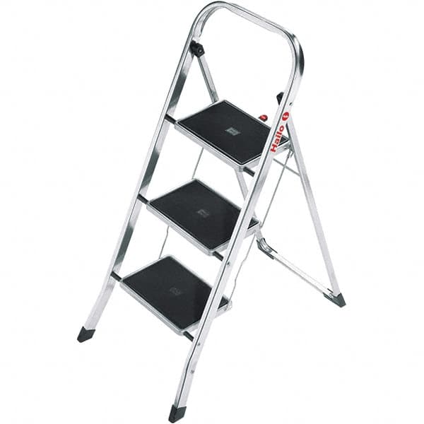 Hailo - 3 Steps, 3' 4" High, EN14183 Rating, Aluminum Step Ladder - 330 Lb Capacity, 18-1/2" Base Width - Americas Industrial Supply