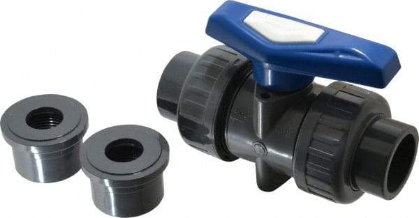 Simtech - 1" Pipe, Full Port, PVC True Union Design Ball Valve - Inline - Two Way Flow, FNPT x FNPT (with Socket Adapter) Ends, Tee Handle, 232 WOG - Americas Industrial Supply