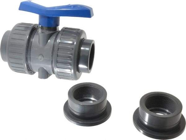 Simtech - 2" Pipe, Full Port, PVC True Union Design Ball Valve - Inline - Two Way Flow, FNPT x FNPT (with Socket Adapter) Ends, Tee Handle, 232 WOG - Americas Industrial Supply