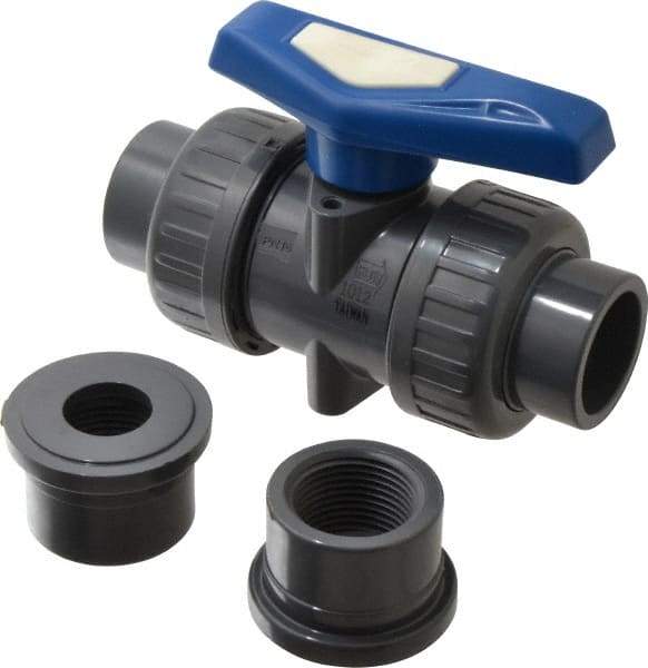 Simtech - 1" Pipe, Full Port, PVC True Union Design Ball Valve - Inline - Two Way Flow, FNPT x FNPT (with Socket Adapter) Ends, Tee Handle, 232 WOG - Americas Industrial Supply