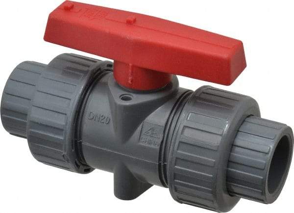 Simtech - 3/4" Pipe, Full Port, CPVC True Union Design Ball Valve - Inline - Two Way Flow, FNPT x FNPT (with Socket Adapter) Ends, Tee Handle, 232 WOG - Americas Industrial Supply