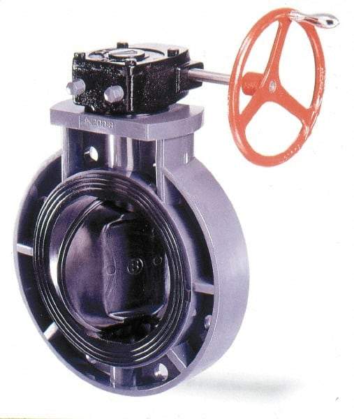 Simtech - 8" Pipe, Wafer Butterfly Valve - Gear Handle, PVC Body, EPDM Seat, 150 WOG, Polypropylene Disc, Stainless Steel Stem - Americas Industrial Supply