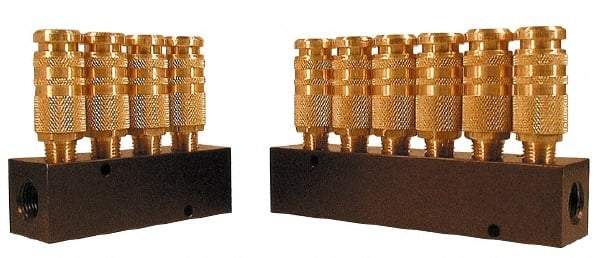 Coilhose Pneumatics - 3/8" Inlet, 1/4" Outlet Manifold - 5.63" Long x 1-1/4" Wide x 3-1/4" High, 3/16" Mount Hole, 1 Inlet Port, 6 Outlet Ports - Americas Industrial Supply