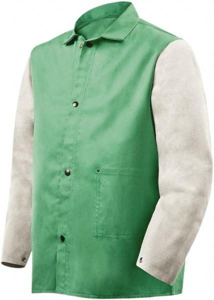 Steiner - Size M Flame Resistant/Retardant Jacket - Green, Gray, Cotton & Leather, Snaps Closure, 44 to 46" Chest - Americas Industrial Supply
