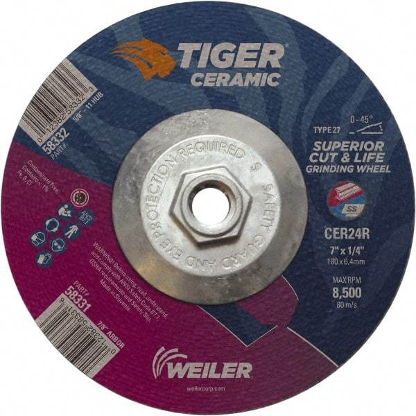 Weiler - 24 Grit, 7" Wheel Diam, Type 27 Depressed Center Wheel - Medium Grade, Ceramic, R Hardness, 8,500 Max RPM - Americas Industrial Supply