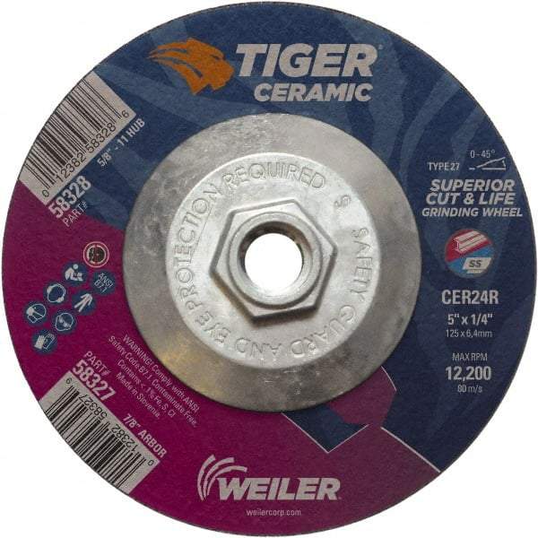Weiler - 24 Grit, 5" Wheel Diam, Type 27 Depressed Center Wheel - Medium Grade, Ceramic, R Hardness, 12,200 Max RPM - Americas Industrial Supply