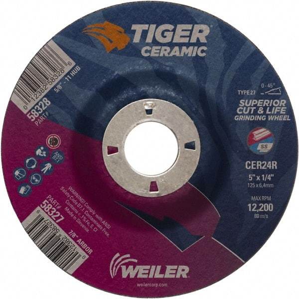 Weiler - 24 Grit, 5" Wheel Diam, 7/8" Arbor Hole, Type 27 Depressed Center Wheel - Medium Grade, Ceramic, R Hardness, 12,200 Max RPM - Americas Industrial Supply