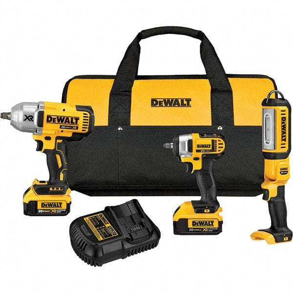 DeWALT - 20 Volt Cordless Tool Combination Kit - Includes 1/2" Impact Wrench, 3/8" Impact Wrench & Handheld Light, Lithium-Ion Battery Included - Americas Industrial Supply