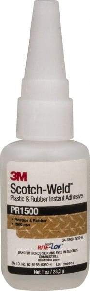 3M - 1 oz Bottle Clear Instant Adhesive - Series PR1500, 20 to 100 sec Working Time, 24 hr Full Cure Time, Bonds to Cardboard, Ceramic, Fabric, Fiberglass, Foam, Glass, Leather, Metal, Paper, Plastic, Rubber, Vinyl & Wood - Americas Industrial Supply