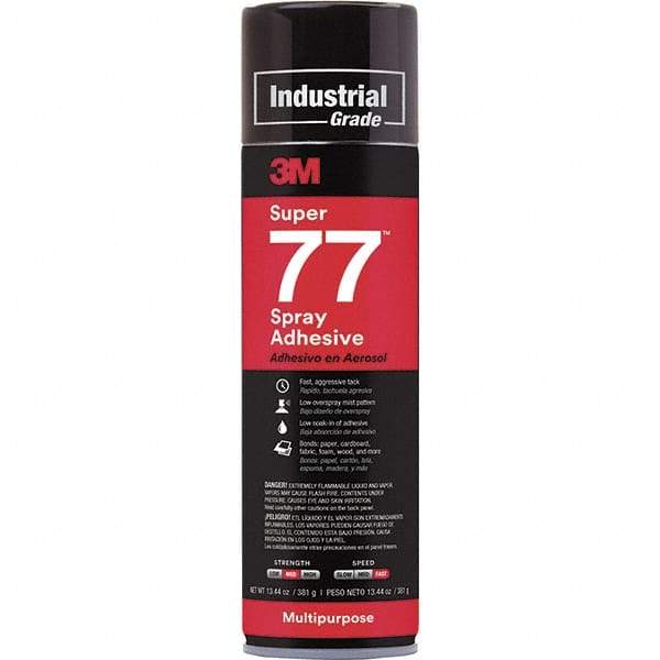 3M - 16.75 oz Aerosol Clear Spray Adhesive - High Tack, 150°F Heat Resistance, 114 Sq Ft Coverage, Low Strength Bond, 15 min Max Bonding Time, Flammable, Series 77 - Americas Industrial Supply