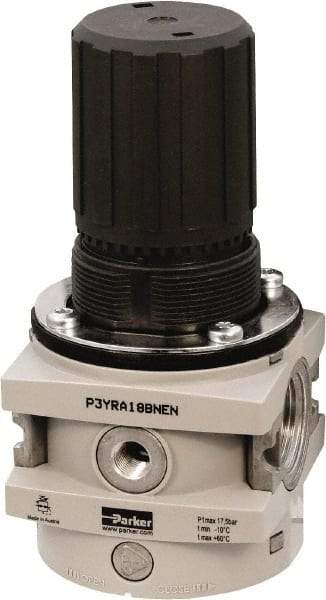 Parker - 3/4 NPT Port, 380 CFM, Aluminum Hi-Flow Regulator - 0 to 174 psi Range, 254 Max psi Supply Pressure, 1/4" Gauge Port Thread, 3-1/2" Wide x 7.2" High - Americas Industrial Supply