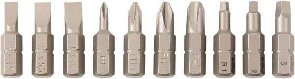 Wiha - 10 Piece, 1/4" Drive Screwdriver Insert Bit Set - #0 to #3 Phillips, #1 to #3 Square Recess, 4.5, 5.5 & 6mm Slotted - Americas Industrial Supply