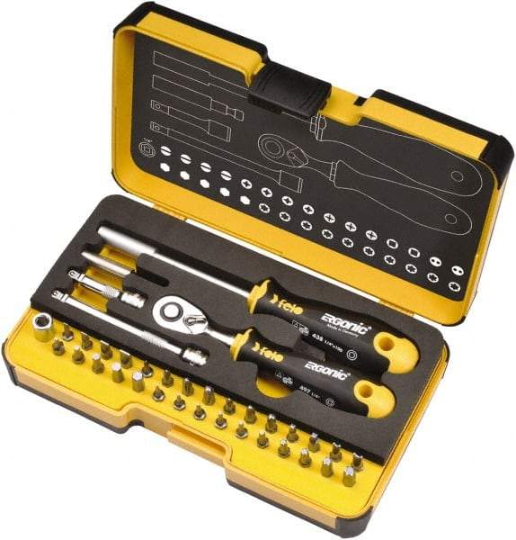 Felo - 36 Piece, 1/4" Drive Screwdriver Mini-Ratchet Bit Kit - #0 to #3 Phillips, 2 to 6mm Hex, T5 to T40 Torx, #1, #2 & #3 Pozidriv, 1/8, 5/32, 3/16, 7/32, 1/4 & 9/32" Slotted - Americas Industrial Supply