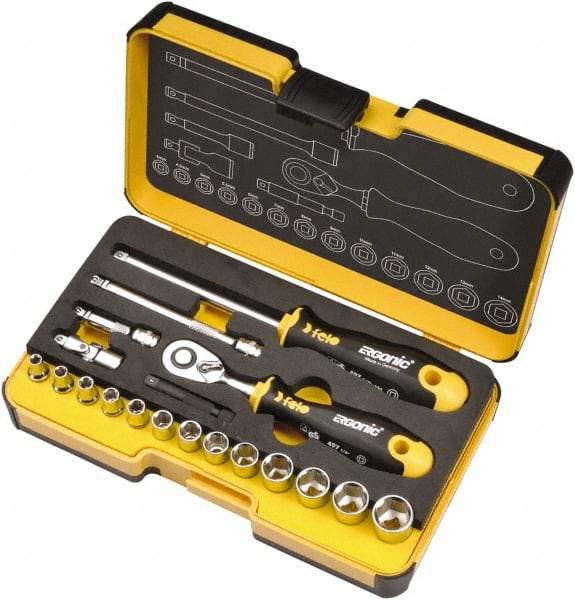 Felo - 19 Piece 1/4" Drive Chrome Finish Socket Set - 6 Points, 1/8" to 9/16" Range, Inch Measurement Standard - Americas Industrial Supply