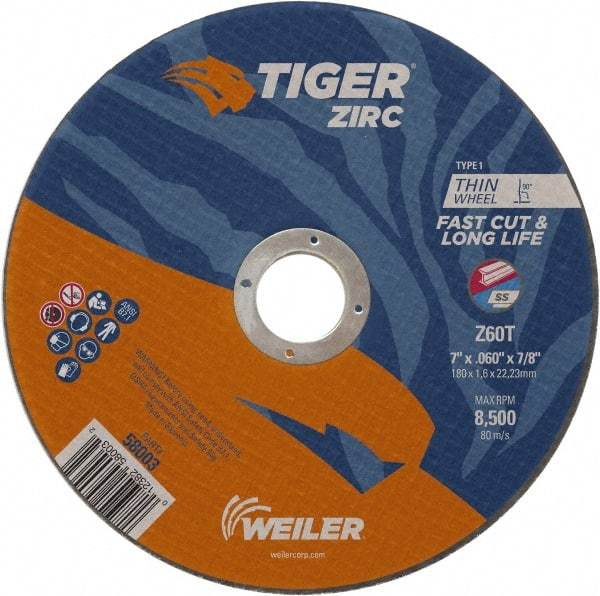 Weiler - 7" 60 Grit Zirconia Alumina Cutoff Wheel - 0.06" Thick, 7/8" Arbor, 8,500 Max RPM, Use with Angle Grinders - Americas Industrial Supply