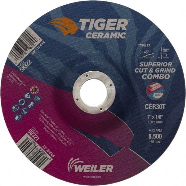 Weiler - 30 Grit, 7" Wheel Diam, 7/8" Arbor Hole, Type 27 Depressed Center Wheel - Hard Grade, Ceramic, T Hardness, 8,500 Max RPM - Americas Industrial Supply