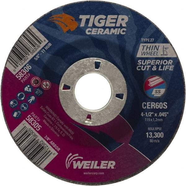 Weiler - 60 Grit, 4-1/2" Wheel Diam, 7/8" Arbor Hole, Type 27 Depressed Center Wheel - Medium Grade, Ceramic, S Hardness, 13,300 Max RPM - Americas Industrial Supply