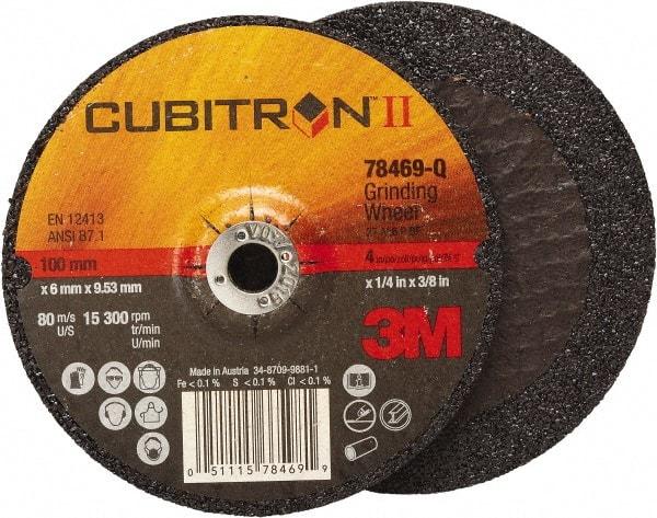 3M - 36 Grit, 4" Wheel Diam, 1/4" Wheel Thickness, 3/8" Arbor Hole, Type 27 Depressed Center Wheel - Coarse Grade, Ceramic, Resinoid Bond, Q Hardness, 15,000 Max RPM, Compatible with Angle Grinder - Americas Industrial Supply