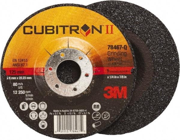 3M - 36 Grit, 5" Wheel Diam, 1/4" Wheel Thickness, 7/8" Arbor Hole, Type 27 Depressed Center Wheel - Coarse Grade, Ceramic, Resinoid Bond, Q Hardness, 12,250 Max RPM, Compatible with Angle Grinder - Americas Industrial Supply