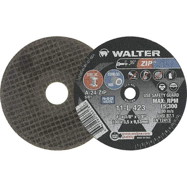 WALTER Surface Technologies - 4" 24 Grit Aluminum Oxide Cutoff Wheel - 1/8" Thick, 3/8" Arbor, 15,300 Max RPM, Use with Die Grinders - Americas Industrial Supply