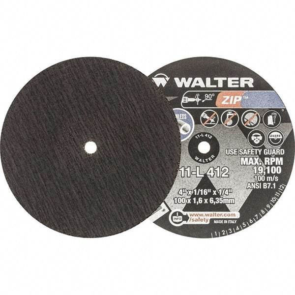 WALTER Surface Technologies - 4" 24 Grit Aluminum Oxide Cutoff Wheel - 1/16" Thick, 1/4" Arbor, 19,100 Max RPM, Use with Die Grinders - Americas Industrial Supply