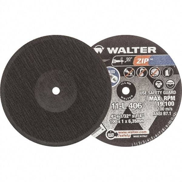 WALTER Surface Technologies - 4" 24 Grit Aluminum Oxide Cutoff Wheel - 1/32" Thick, 1/4" Arbor, 19,100 Max RPM, Use with Die Grinders - Americas Industrial Supply