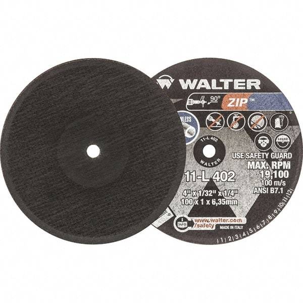 WALTER Surface Technologies - 4" 60 Grit Aluminum Oxide Cutoff Wheel - 1/32" Thick, 1/4" Arbor, 19,100 Max RPM, Use with Die Grinders - Americas Industrial Supply
